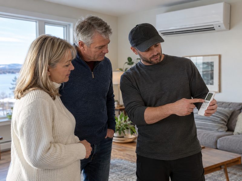 Installer showing two homeowners how to use the remote for a new wall heat pump