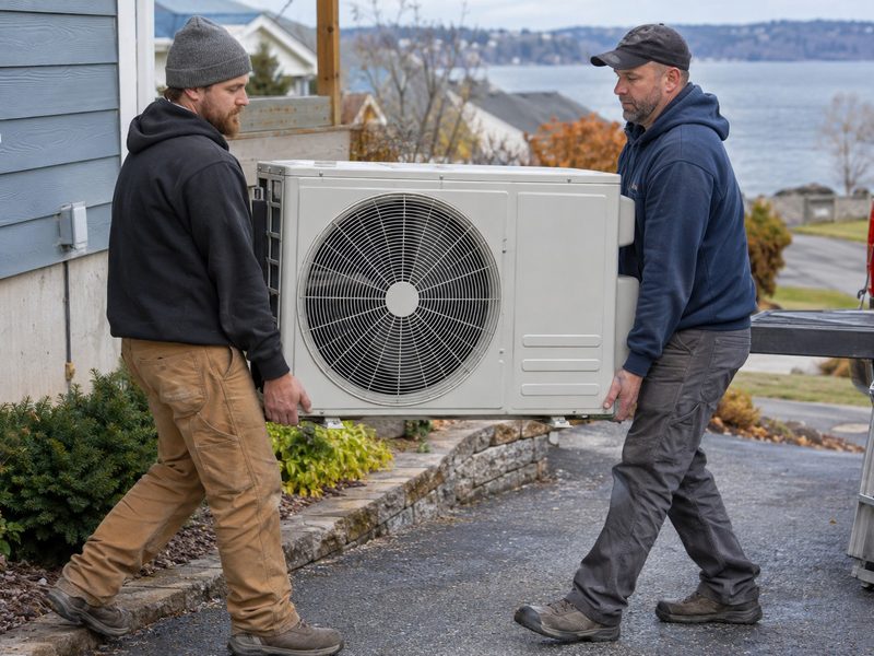 Two installers carrying a new outdoor heat pump unit up a driveway