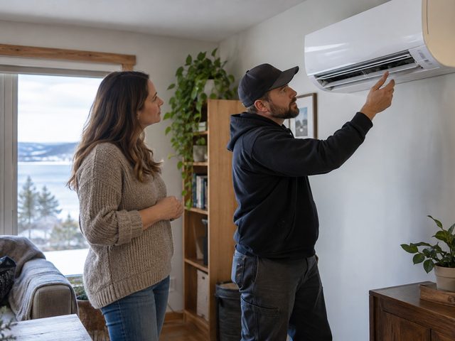 Homeowner watching an installer adjust a new wall heat pump in her living room