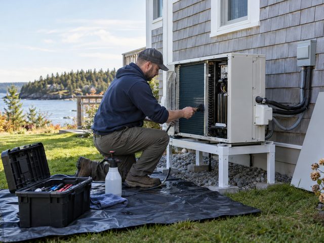 Technician working on an outdoor heat pump with his tools set out on a tarp