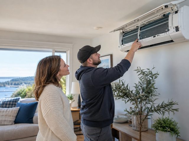 Homeowner and technician looking over an indoor heat pump in a bright living room