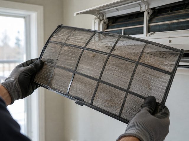 Gloved hands holding up a dusty heat pump filter in front of an indoor head