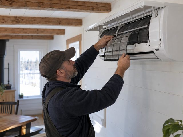Technician at an indoor heat pump head in a farmhouse room with a wood stove behind him
