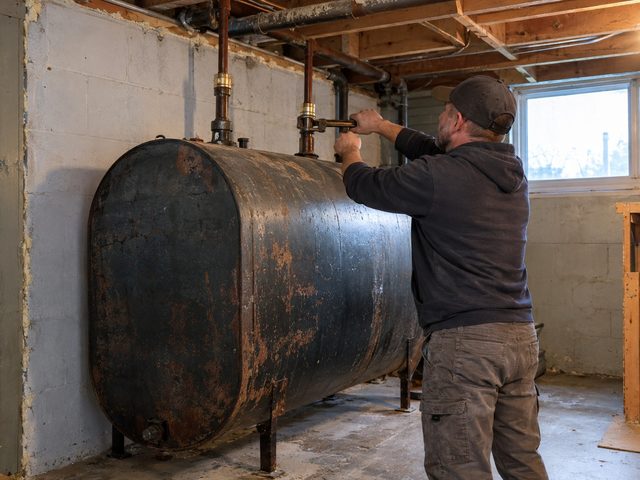 Rusted steel oil tank in a basement with its pipes being capped off