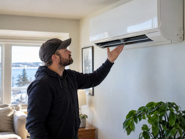 Technician checking the airflow from a wall heat pump beside a window overlooking the water