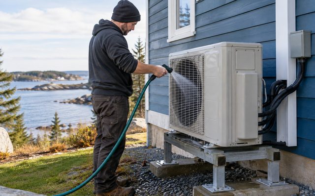 Outdoor heat pump on a tall stand beside a blue cottage above the ocean