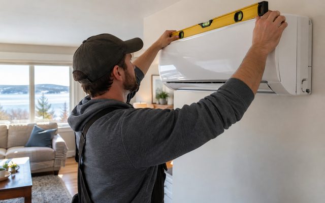 Installer leveling a ductless heat pump head on a living room wall