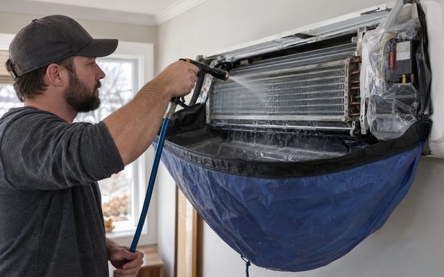 Technician rinsing the coil of an indoor heat pump head over a cleaning bag