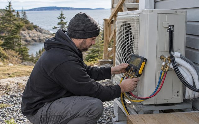 Technician reading digital gauges connected to an outdoor heat pump