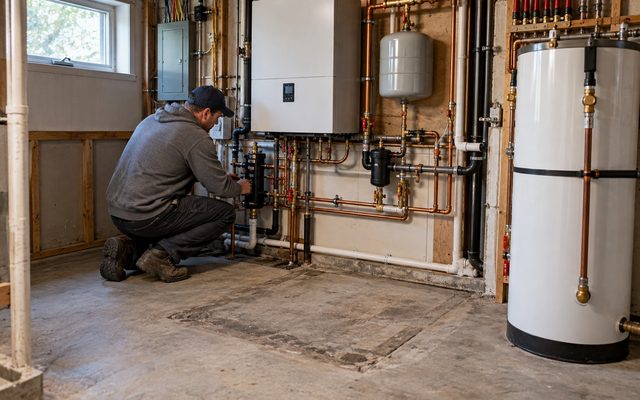 Basement mechanical room with a hot water tank and copper piping