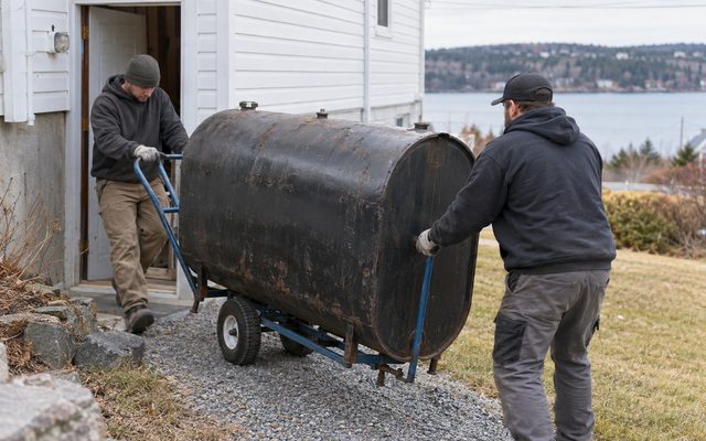 Two workers wheeling an old oil tank out of a basement door on a dolly