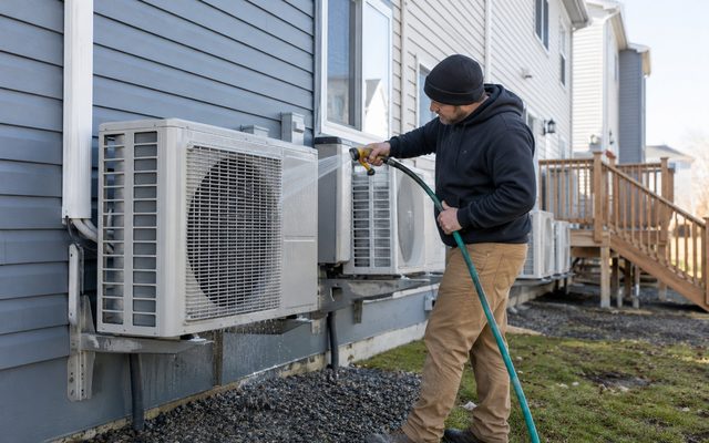 Row of outdoor heat pump units on wall brackets beside a two-story home