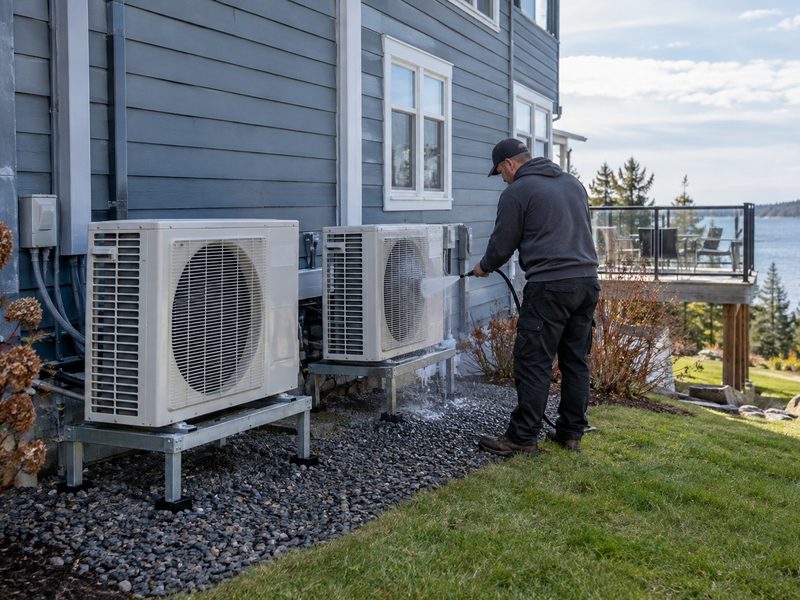 Two outdoor heat pump units on stands beside a large blue house near the water